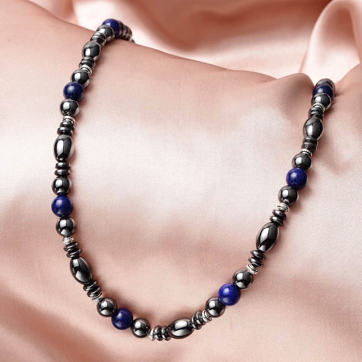 Valentine Special Deal Lapis Lazuli and Hematite Beaded Necklace 22 Inches in Silvertone 25.00 ctw image number 1