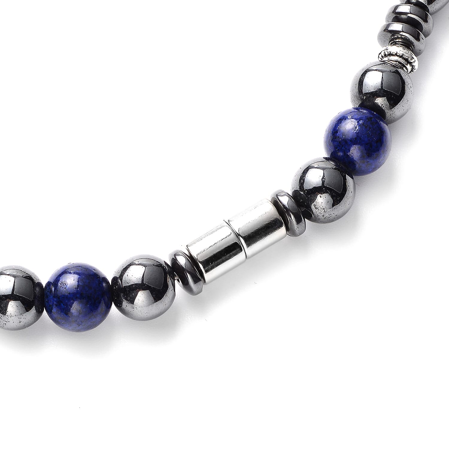 Lapis Lazuli and Hematite Beaded Men's Necklace 22 Inches in Silvertone 25.00 ctw