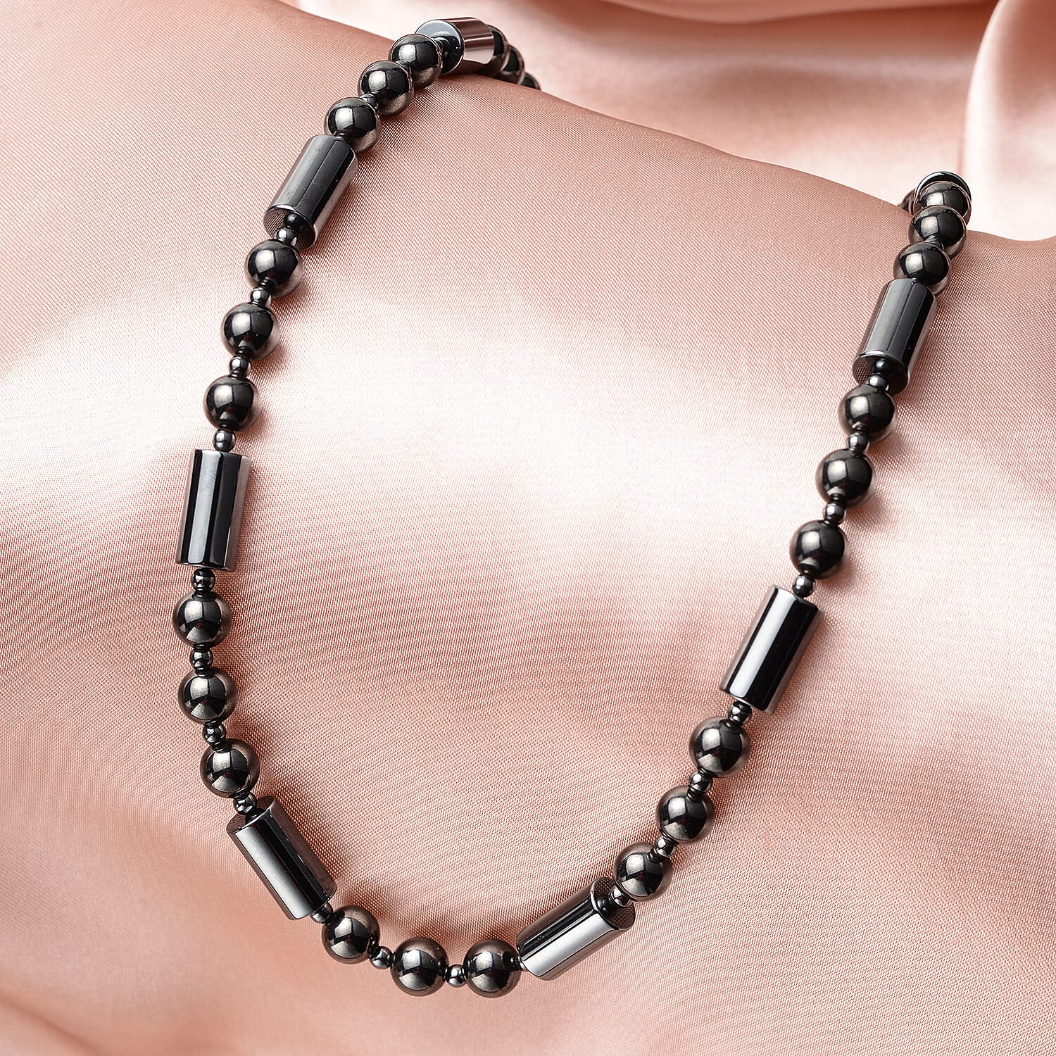 Hematite Beaded Necklace 22 Inches in Silvertone