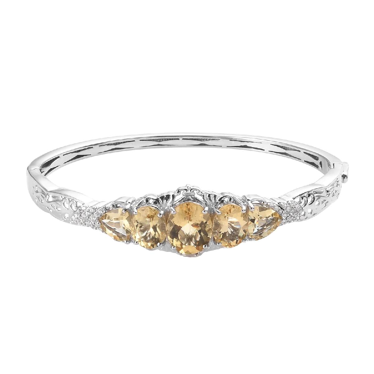 Mexican Yellow Labradorite and Zircon Bangle Bracelet in Platinum Over Sterling Silver (7.25 In) 21.75 Grams 12.25 ctw image number 0