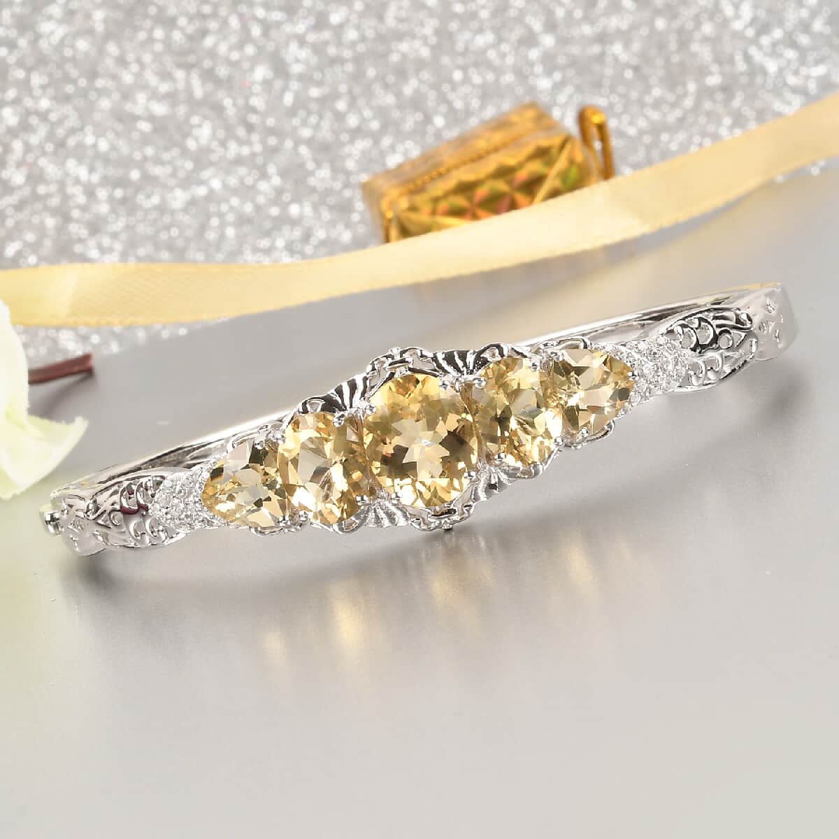 Mexican Yellow Labradorite and Zircon Bangle Bracelet in Platinum Over Sterling Silver (7.25 In) 21.75 Grams 12.25 ctw image number 1