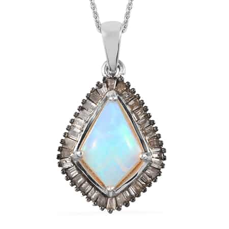Ethiopian Welo Opal and Natural Champagne Diamond Pendant Necklace 20 Inches in Platinum Over Sterling Silver 2.00 ctw image number 0