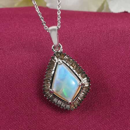 Ethiopian Welo Opal and Natural Champagne Diamond Pendant Necklace 20 Inches in Platinum Over Sterling Silver 2.00 ctw image number 1