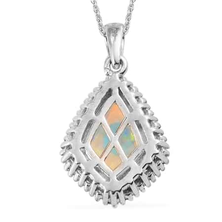 Ethiopian Welo Opal and Natural Champagne Diamond Pendant Necklace 20 Inches in Platinum Over Sterling Silver 2.00 ctw image number 4