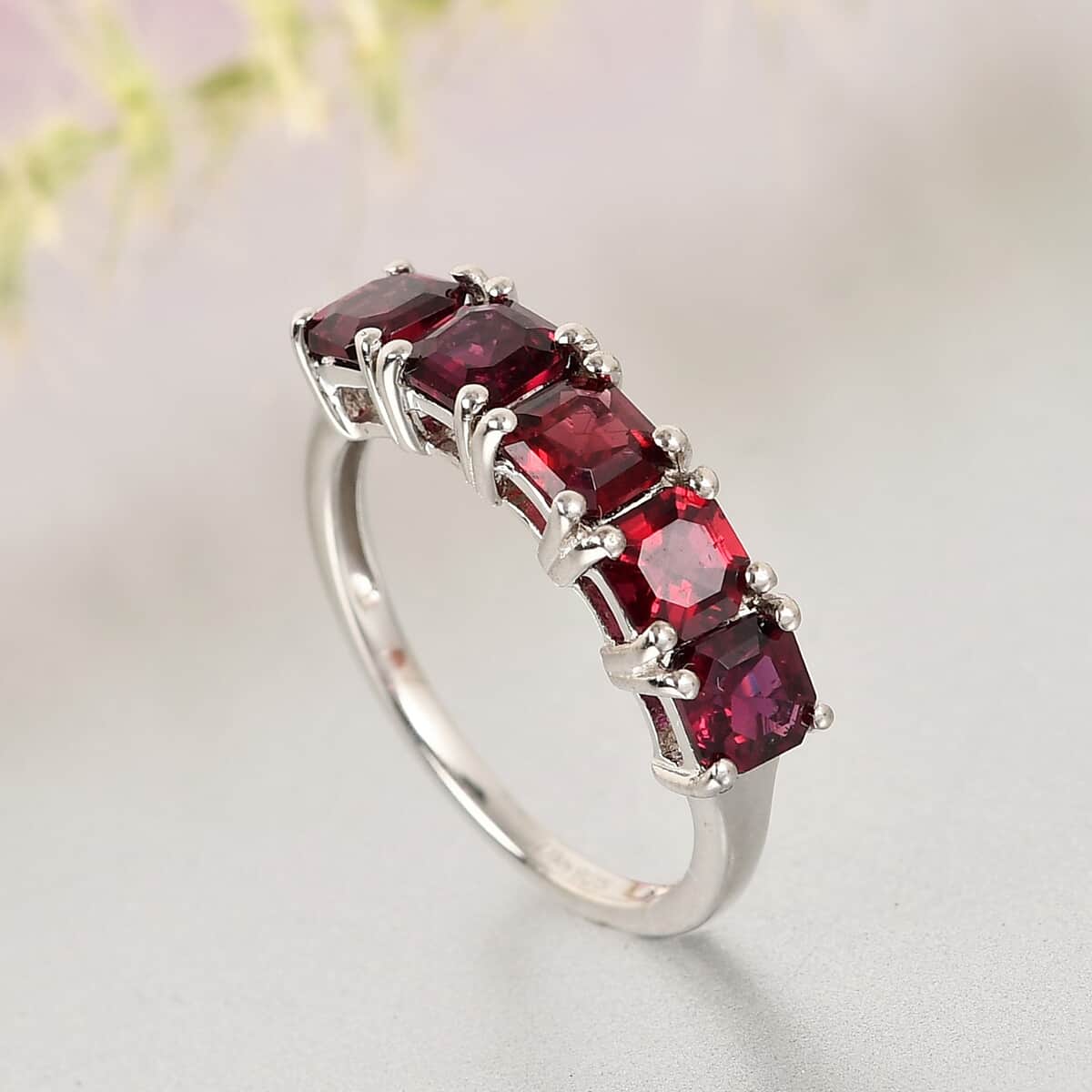 Asscher Cut Pyrope Garnet 5 Stone Ring in Platinum Over Sterling Silver (Size 7.0) 2.00 ctw image number 1