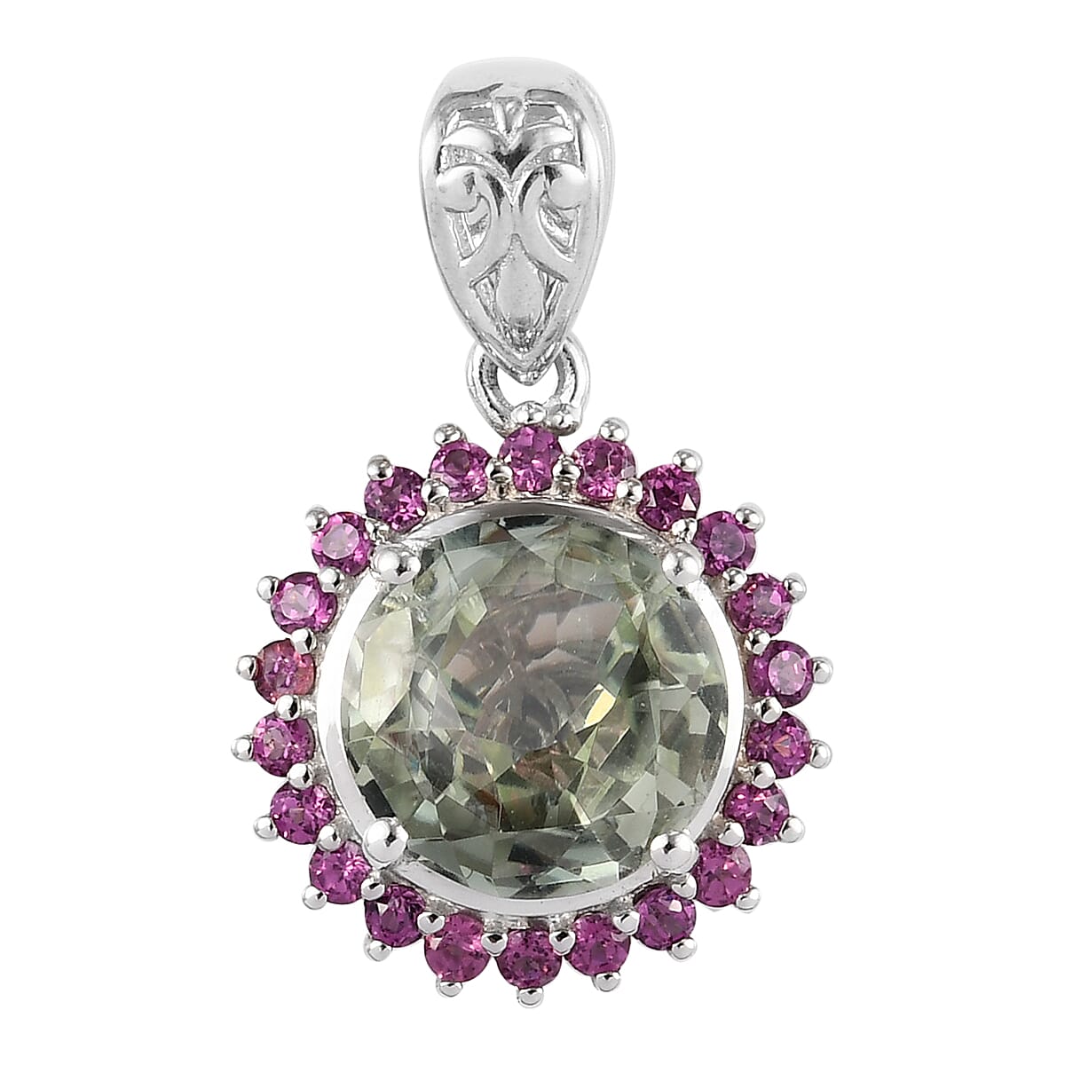 Montezuma Prasiolite and Orissa Rhodolite Garnet Sunflower Pendant in Platinum Over Sterling Silver 4.85 ctw
