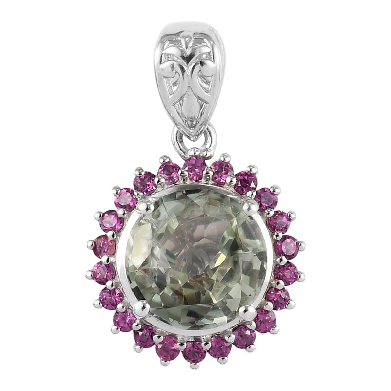 Montezuma Prasiolite and Orissa Rhodolite Garnet Sunflower Pendant in Platinum Over Sterling Silver 4.85 ctw