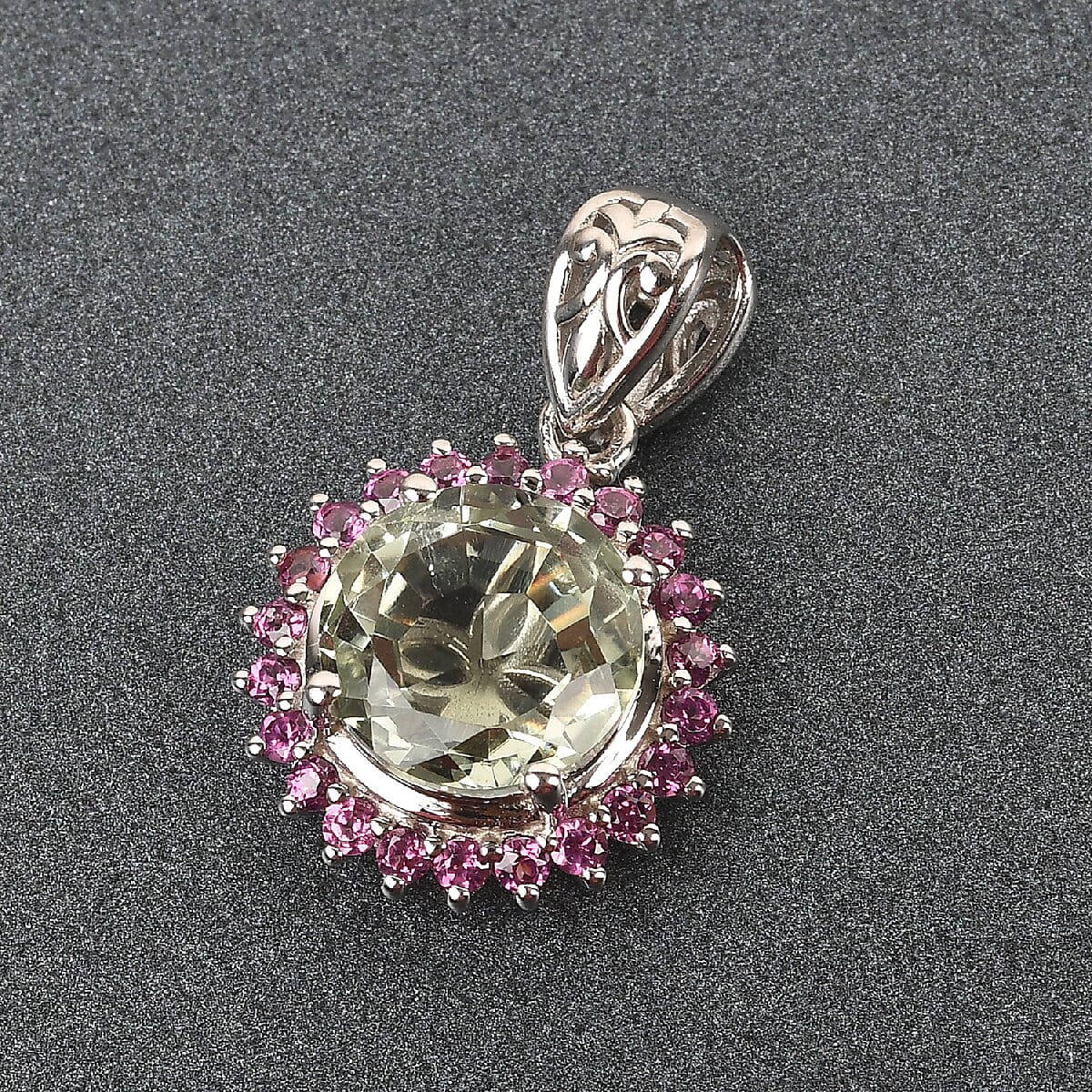 Montezuma Prasiolite and Orissa Rhodolite Garnet Sunflower Pendant in Platinum Over Sterling Silver 4.85 ctw