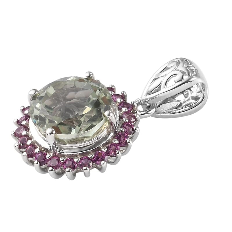 Montezuma Prasiolite and Orissa Rhodolite Garnet Sunflower Pendant in Platinum Over Sterling Silver 4.85 ctw
