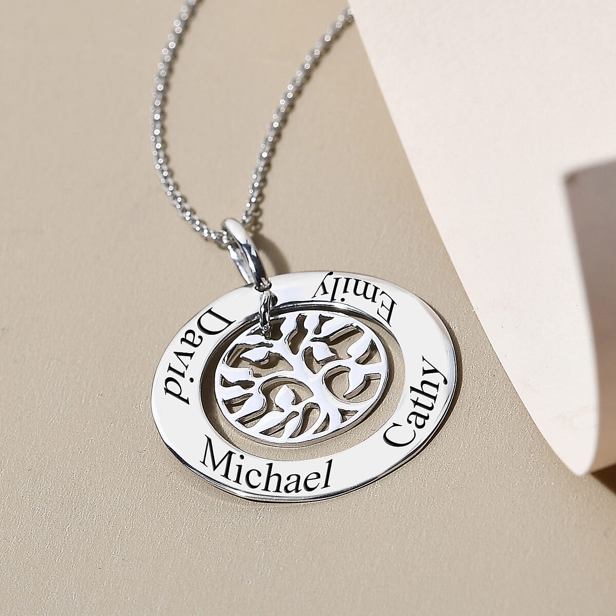 Platinum Over Sterling Silver Family Tree Name Pendant Necklace 20 Inches 4.80 Grams image number 1
