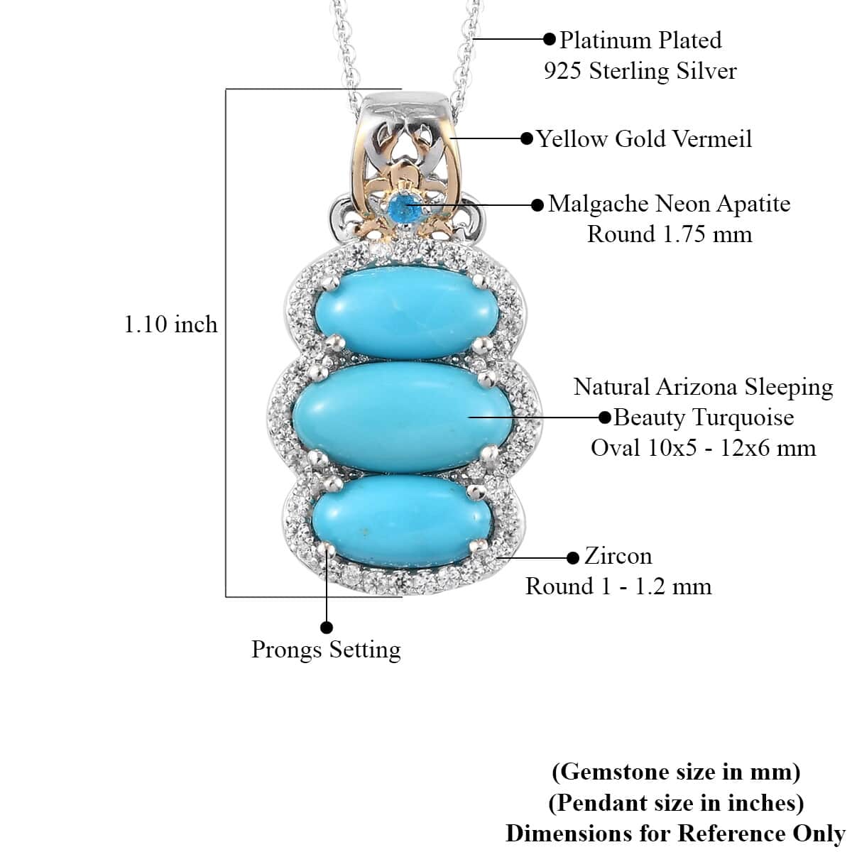 AMERICAN Natural Sleeping Beauty Turquoise and Multi Gemstone Pendant Necklace 20 Inches in Vermeil Yellow Gold and Platinum Over Sterling Silver 4.20 ctw image number 5