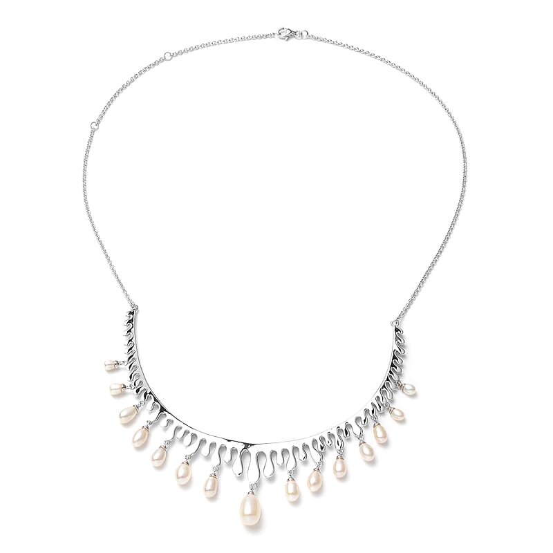 LucyQ Splash Collection White Freshwater Cultured Pearl Necklace 20 Inches in Rhodium Over Sterling Silver