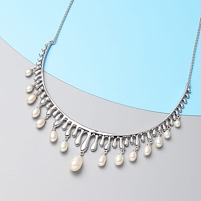 LucyQ Splash Collection White Freshwater Cultured Pearl Necklace 20 Inches in Rhodium Over Sterling Silver