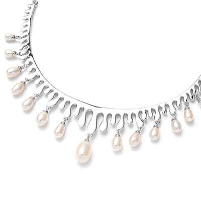 LucyQ Splash Collection White Freshwater Cultured Pearl Necklace 20 Inches in Rhodium Over Sterling Silver