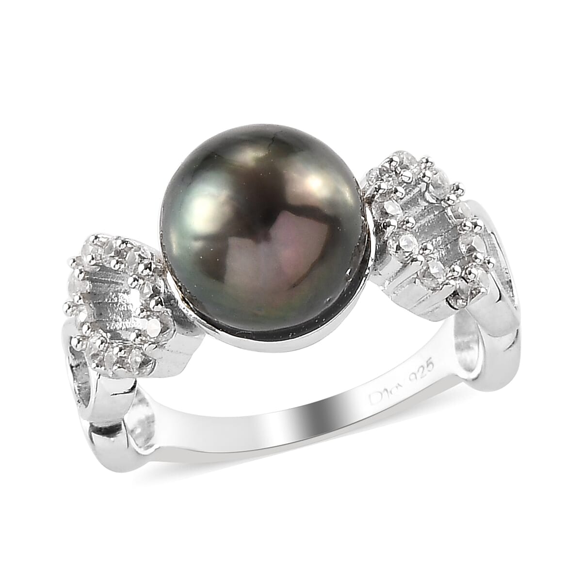 Tahitian Cultured Pearl and Natural White Zircon Ring in Platinum Over Sterling Silver (Size 10.0) 0.40 ctw