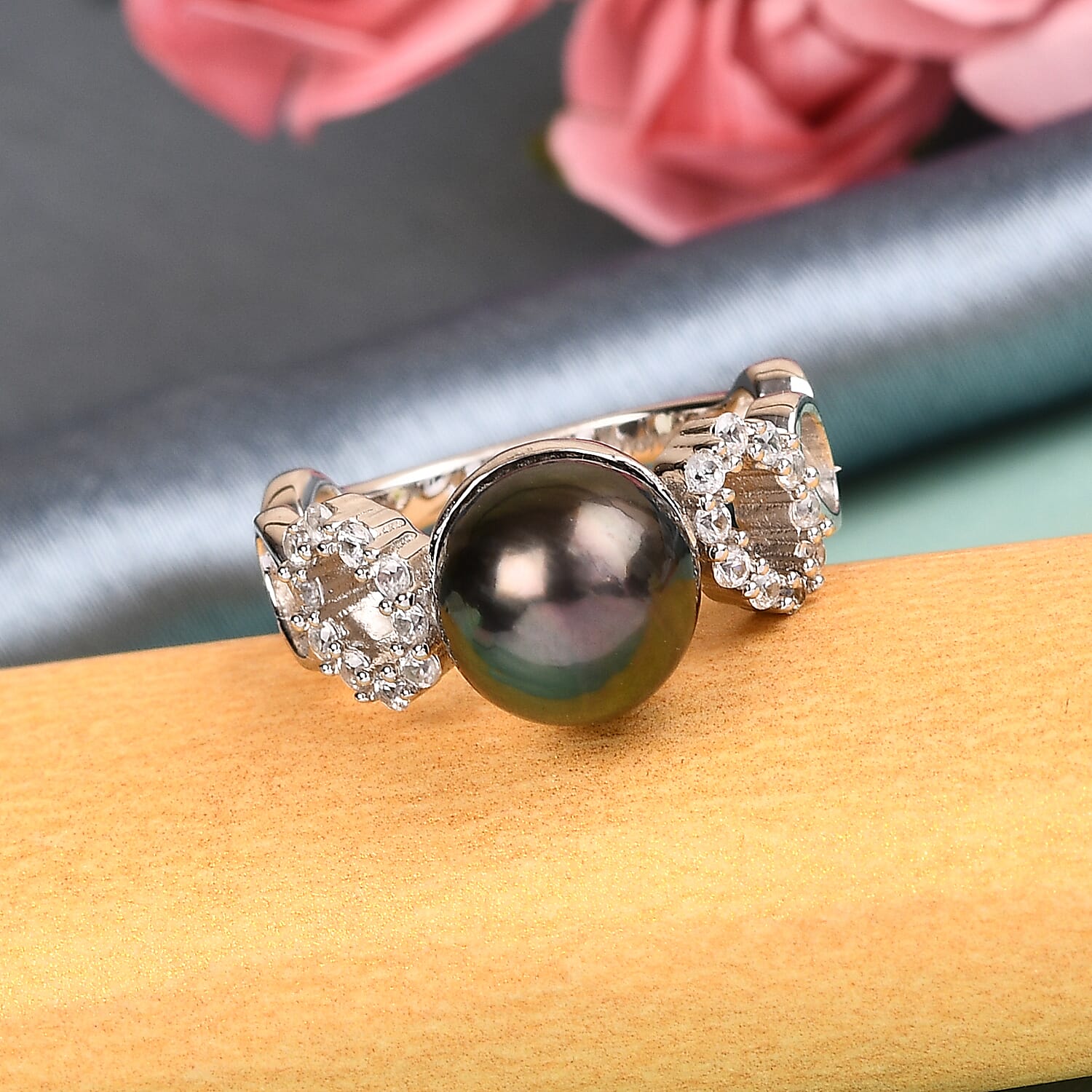 Tahitian Cultured Pearl and Natural White Zircon Ring in Platinum Over Sterling Silver (Size 10.0) 0.40 ctw