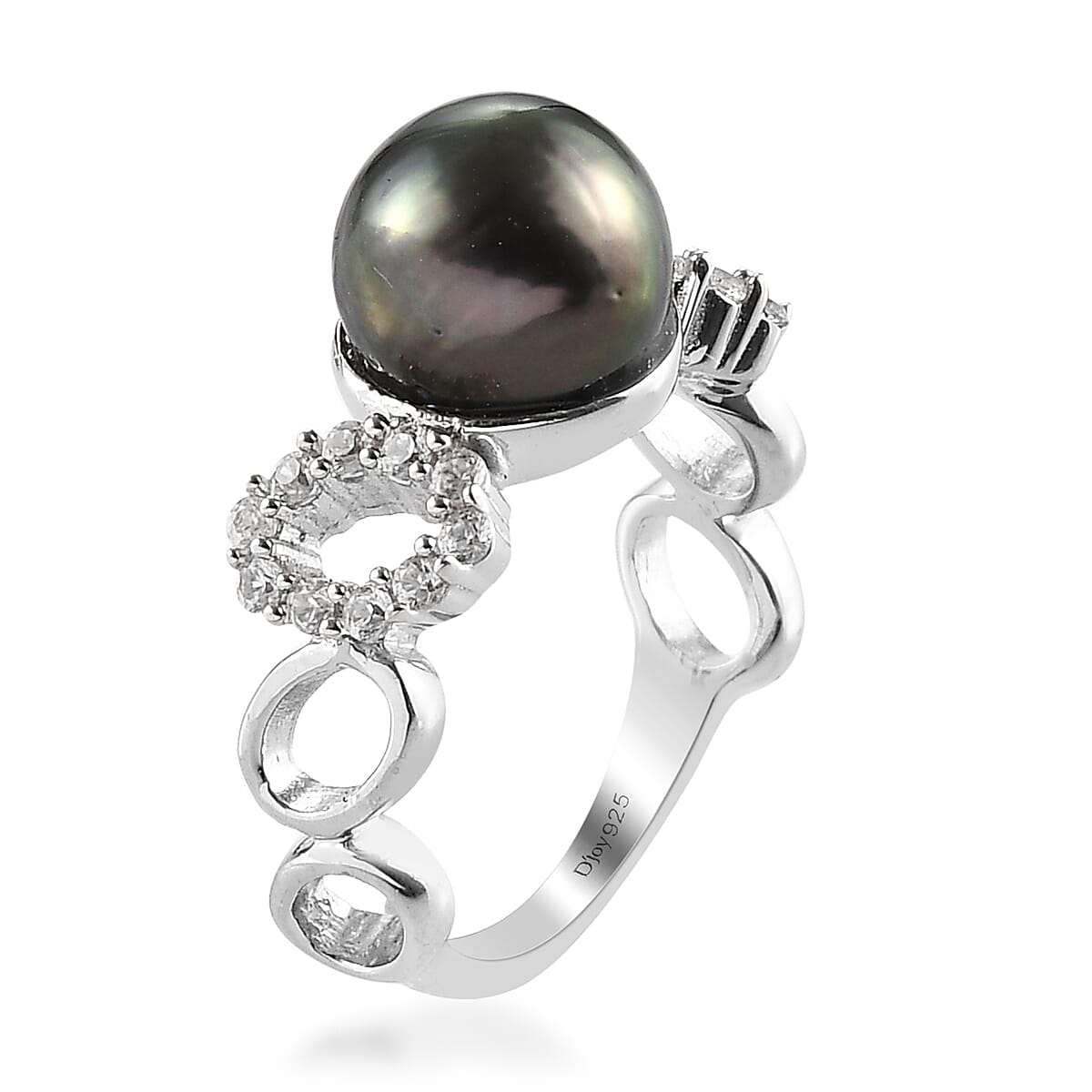 Tahitian Cultured Pearl and Natural White Zircon Ring in Platinum Over Sterling Silver (Size 10.0) 0.40 ctw