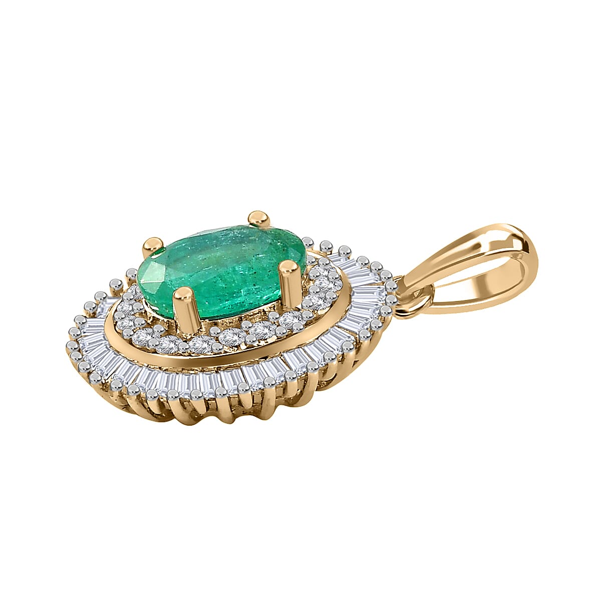 Luxoro 10K Yellow Gold AAA Kagem Zambian Emerald and Diamond Double Halo Pendant 1.10 ctw image number 3