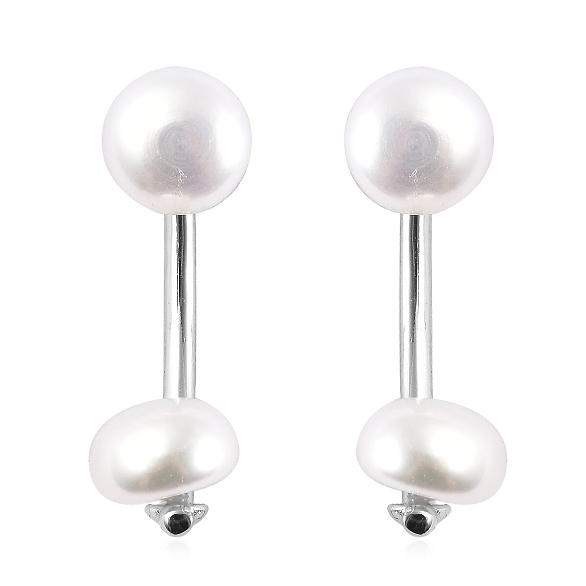 White Freshwater Cultured Pearl Dual Stud Earrings in Rhodium Over Sterling Silver