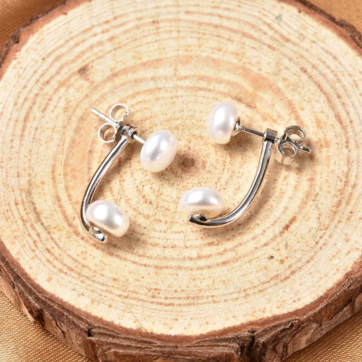 White Freshwater Cultured Pearl Dual Stud Earrings in Rhodium Over Sterling Silver image number 1