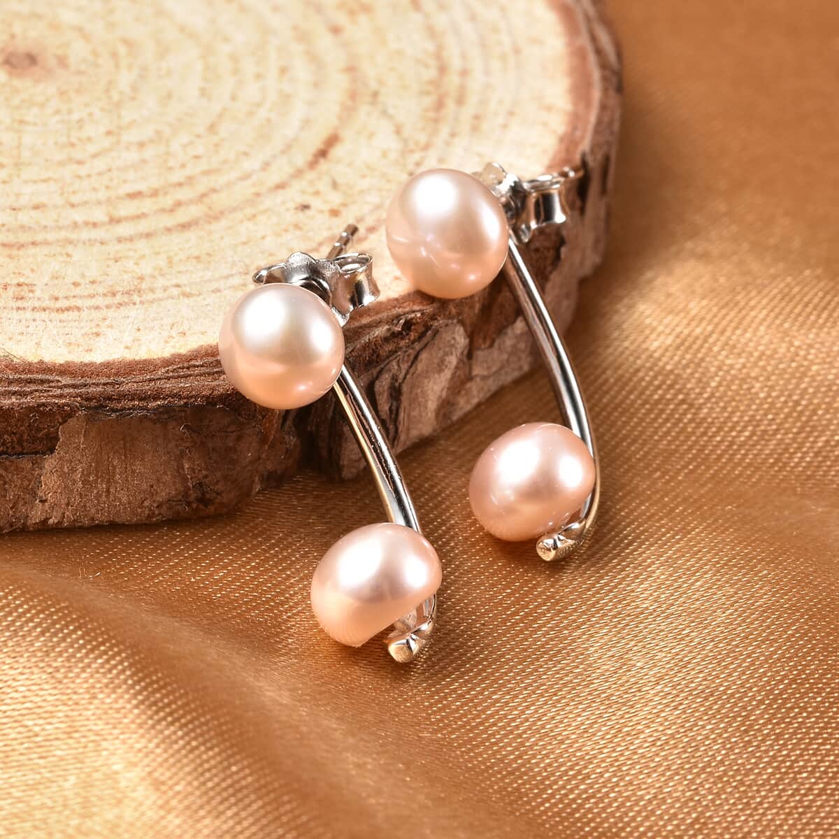 Peach Freshwater Cultured Pearl Dual Stud Earrings in Rhodium Over Sterling Silver image number 1