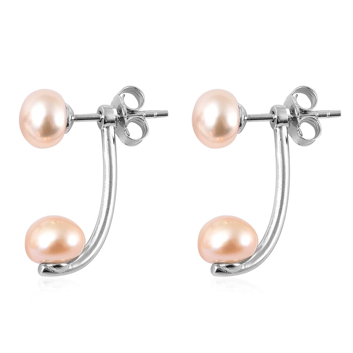 Peach Freshwater Cultured Pearl Dual Stud Earrings in Rhodium Over Sterling Silver image number 3