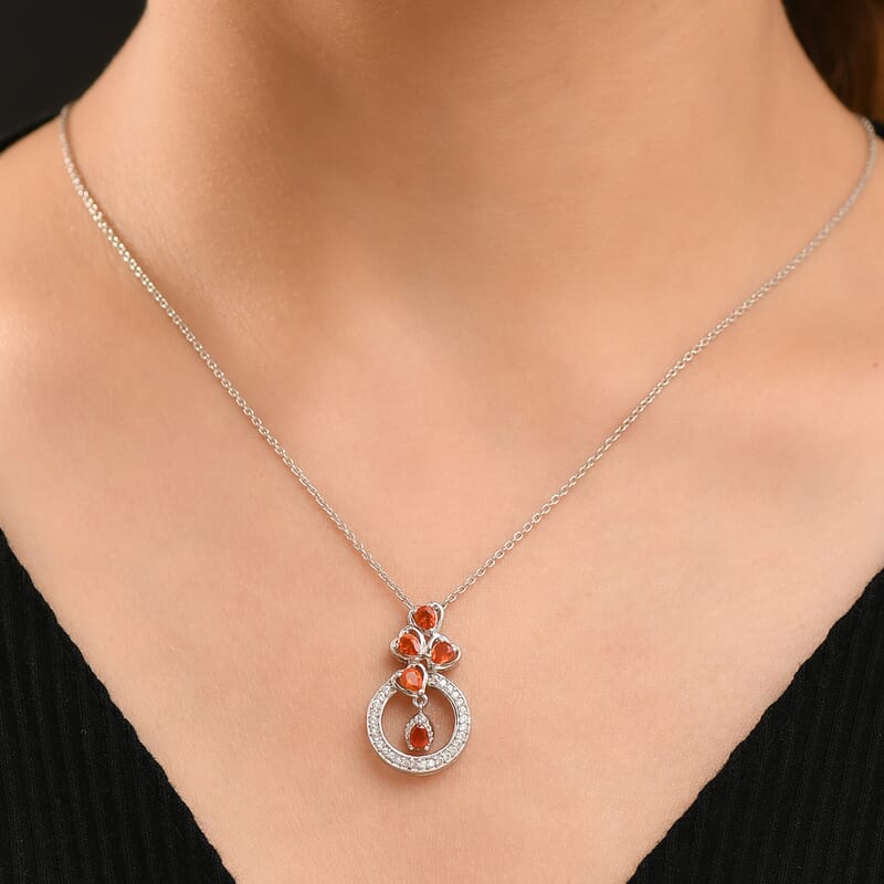 Crimson Fire Opal and White Zircon 1.10 ctw Pendant without Chain in Platinum Over Sterling Silver