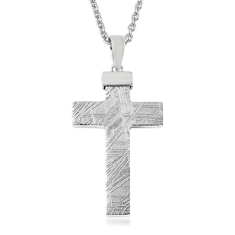 Marvelous Meteorite Cross Pendant Necklace 22 Inches in Rhodium Over Sterling Silver