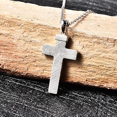 Marvelous Meteorite Cross Pendant Necklace 22 Inches in Rhodium Over Sterling Silver