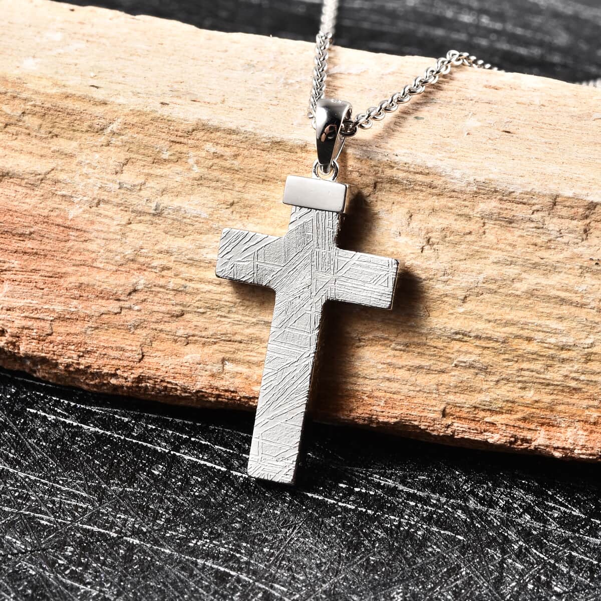 Marvelous Meteorite Cross Pendant Necklace 22 Inches in Rhodium Over Sterling Silver image number 1