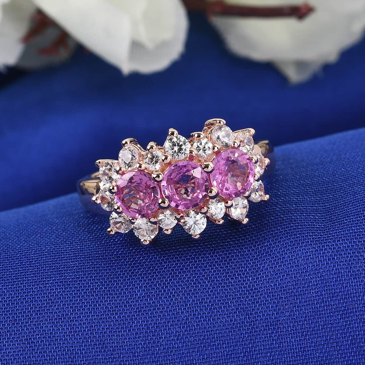 SUMMER DEALS Madagascar Pink Sapphire and Zircon 3 Line Ring in Vermeil Rose Gold Over Sterling Silver (Size 7.0) 3.10 ctw image number 1