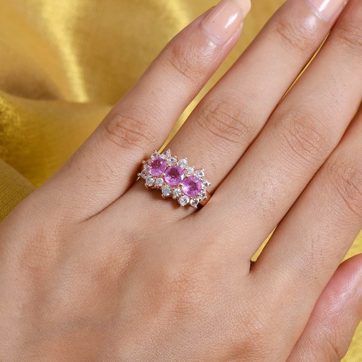 SUMMER DEALS Madagascar Pink Sapphire and Zircon 3 Line Ring in Vermeil Rose Gold Over Sterling Silver (Size 7.0) 3.10 ctw image number 2