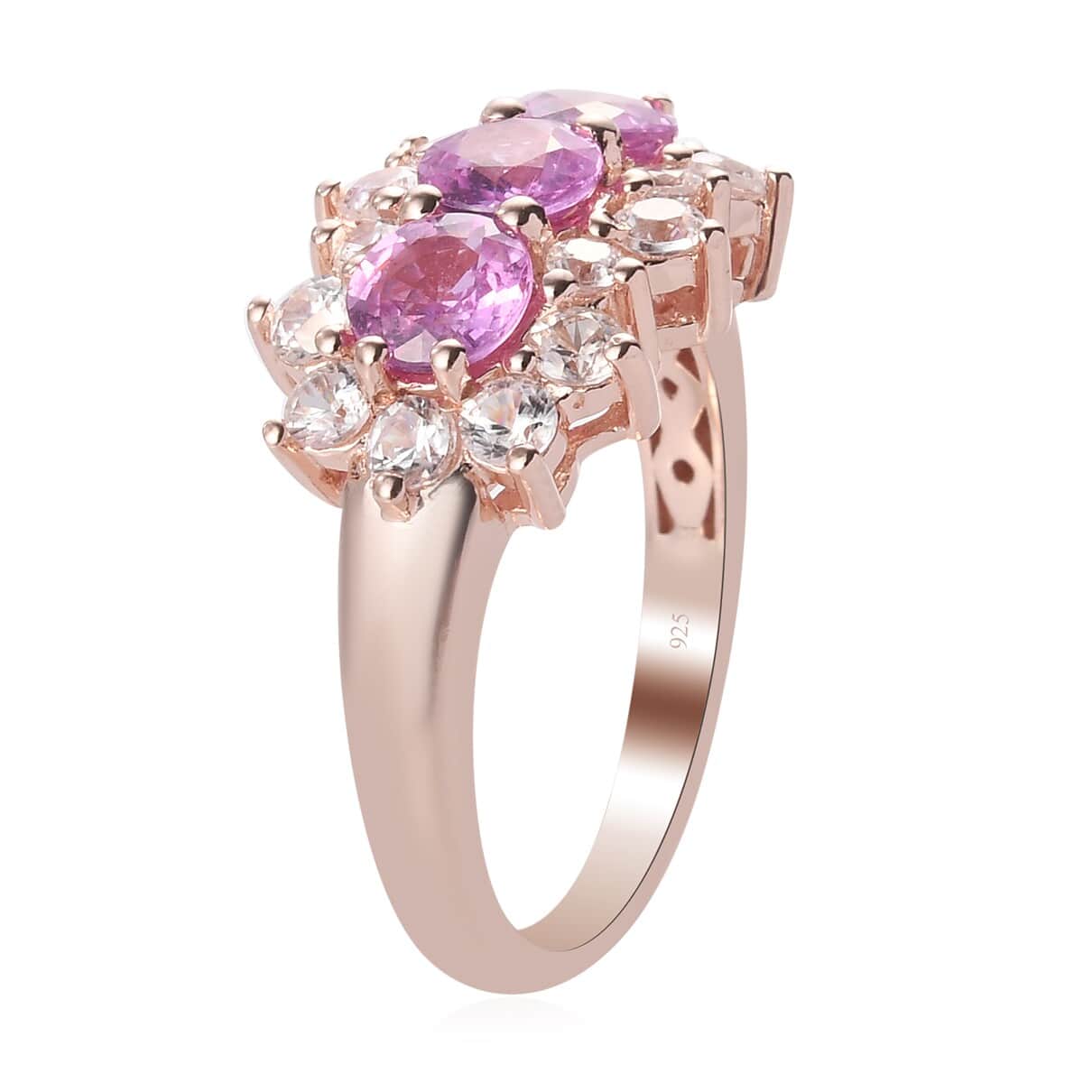 SUMMER DEALS Madagascar Pink Sapphire and Zircon 3 Line Ring in Vermeil Rose Gold Over Sterling Silver (Size 7.0) 3.10 ctw image number 3