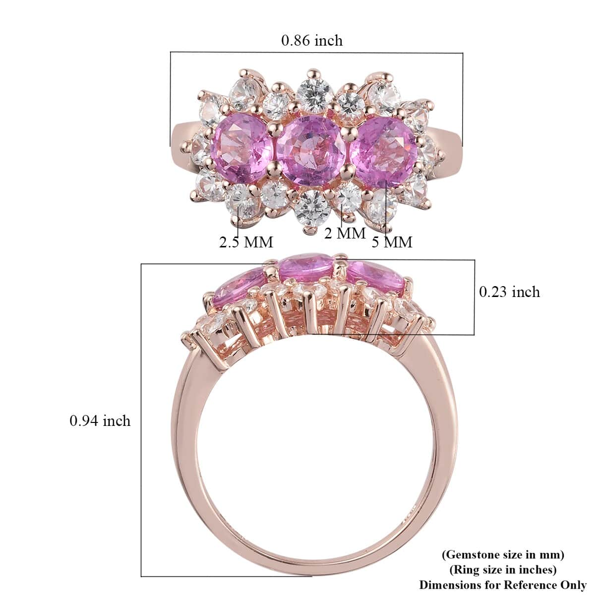 SUMMER DEALS Madagascar Pink Sapphire and Zircon 3 Line Ring in Vermeil Rose Gold Over Sterling Silver (Size 7.0) 3.10 ctw image number 5