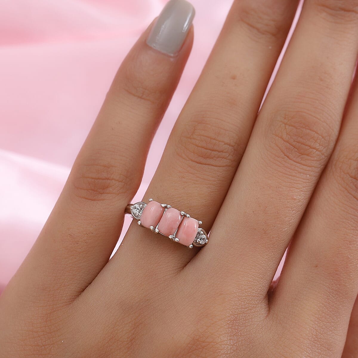 1.35 ctw Peach Opal and Zircon 3 Stone Ring in Platinum Over Sterling Silver (Size 9.0) image number 2