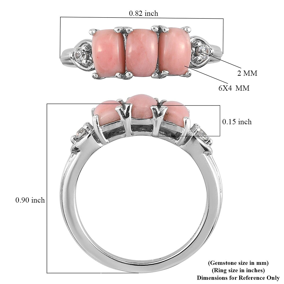 1.35 ctw Peach Opal and Zircon 3 Stone Ring in Platinum Over Sterling Silver (Size 9.0) image number 6