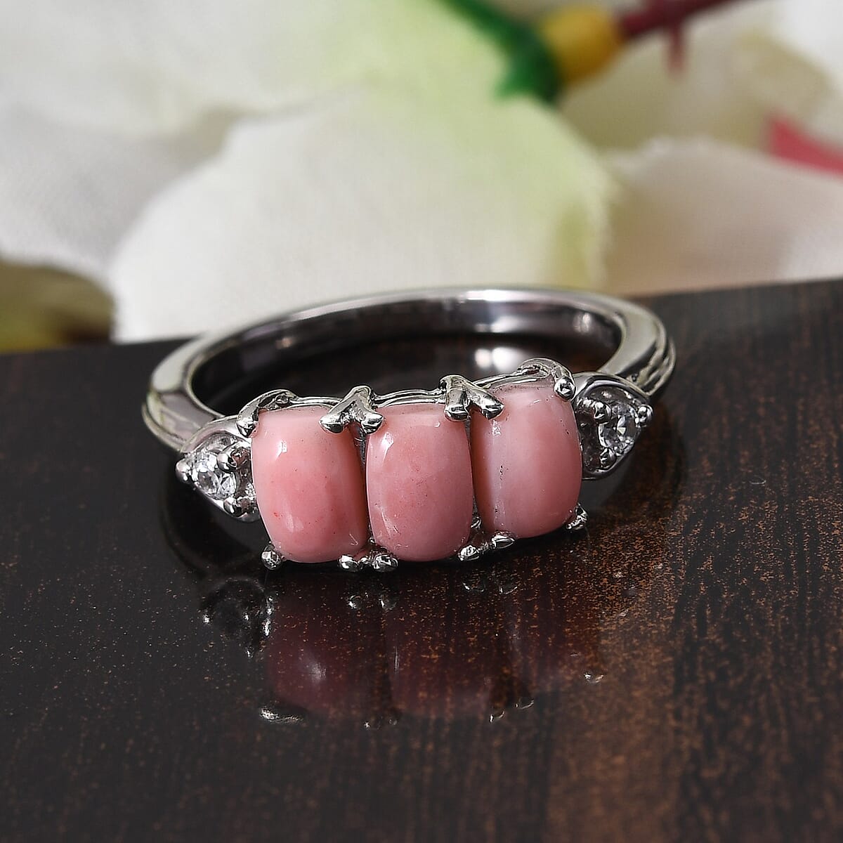 Peach Opal and Zircon 3 Stone Ring in Platinum Over Sterling Silver (Size 9.0) 1.35 ctw image number 1