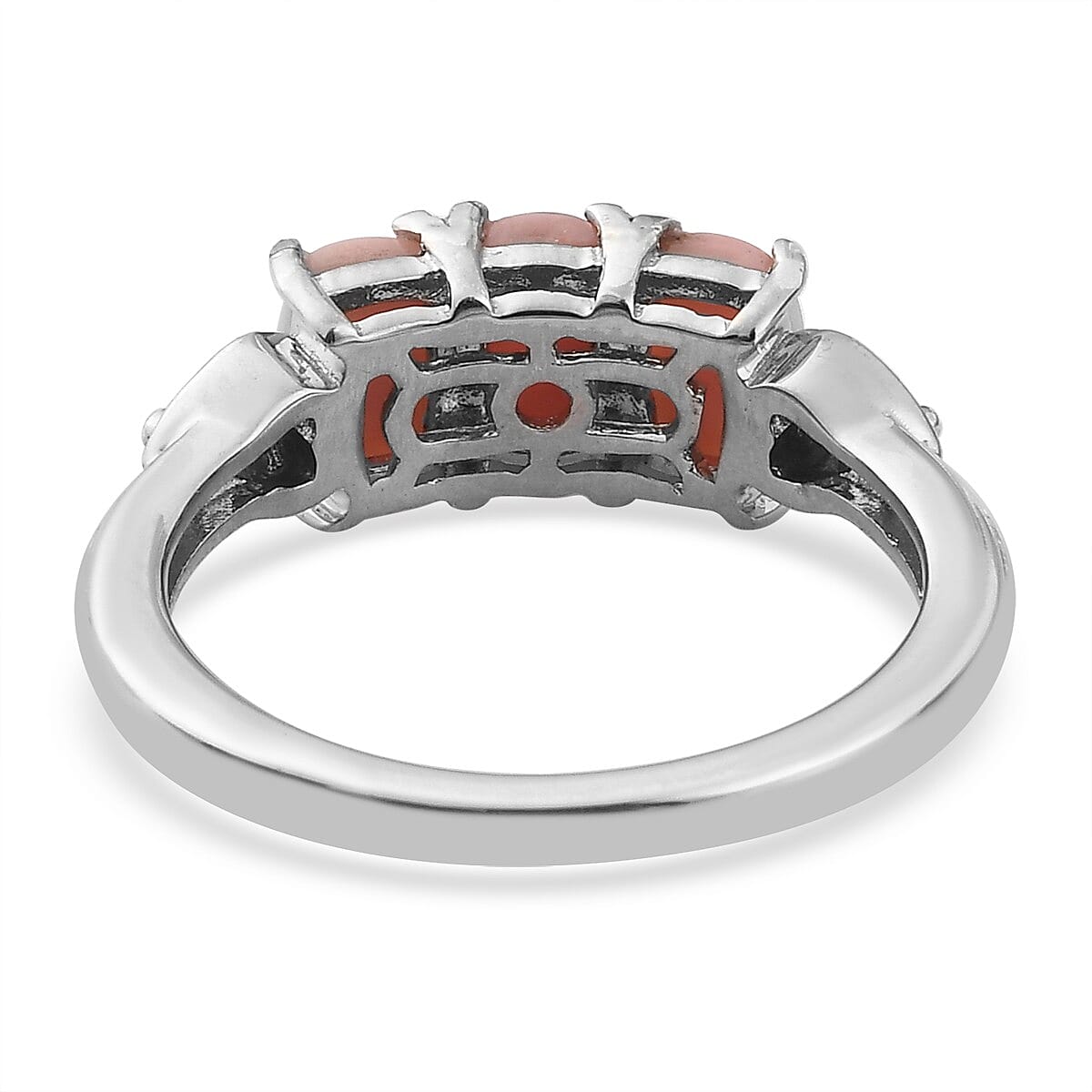 Peach Opal and Zircon 3 Stone Ring in Platinum Over Sterling Silver (Size 9.0) 1.35 ctw image number 4
