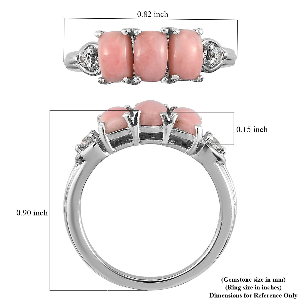 Peach Opal and Zircon 3 Stone Ring in Platinum Over Sterling Silver (Size 9.0) 1.35 ctw image number 5