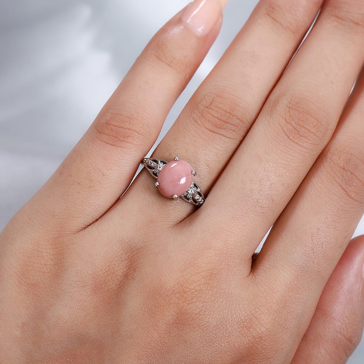 Peach Opal and Zircon Ring in Platinum Over Sterling Silver (Size 8.0) 1.80 ctw image number 2
