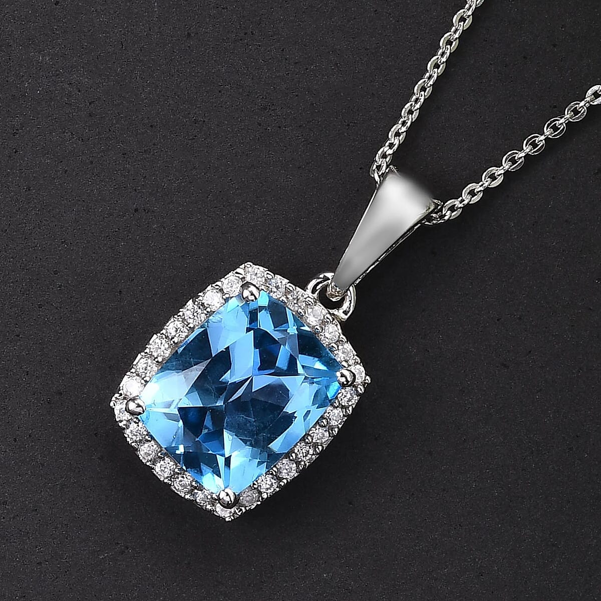 Blue Topaz and Natural White Zircon Halo Pendant Necklace 20 Inches Platinum Over Sterling Silver 4.15 ctw image number 1