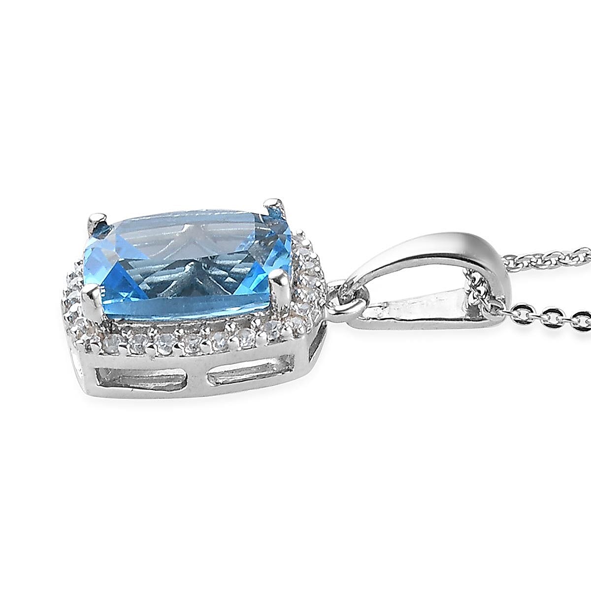 Blue Topaz and Natural White Zircon Halo Pendant Necklace 20 Inches Platinum Over Sterling Silver 4.15 ctw image number 3
