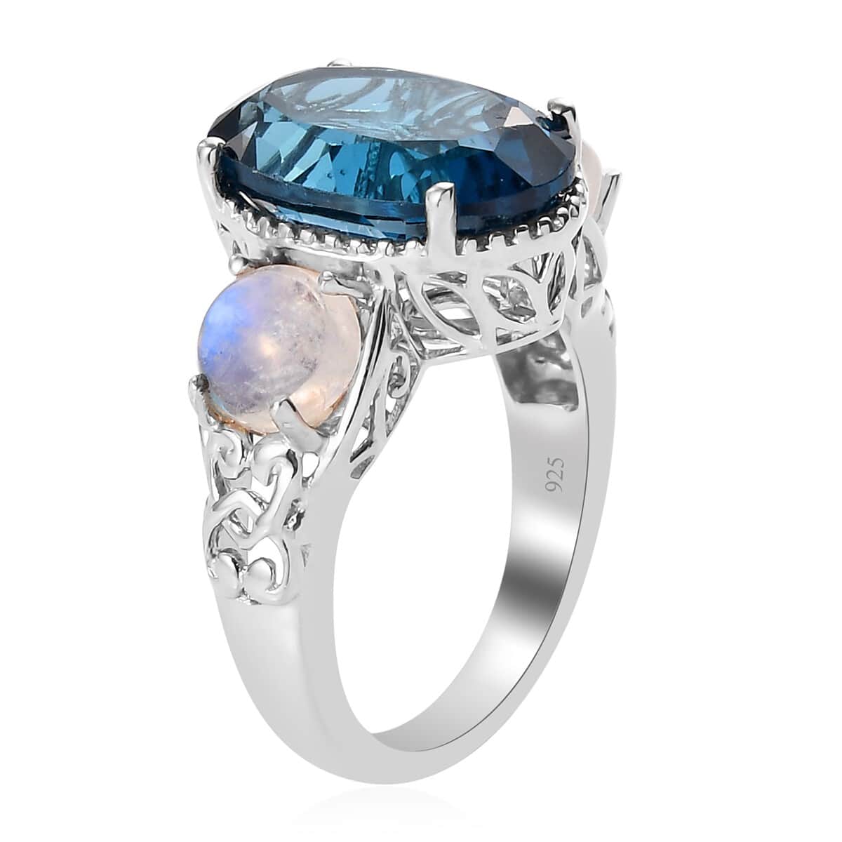 London Blue Topaz and Kuisa Rainbow Moonstone Ring in Platinum Over Sterling Silver (Size 7.0) 9.40 ctw image number 3