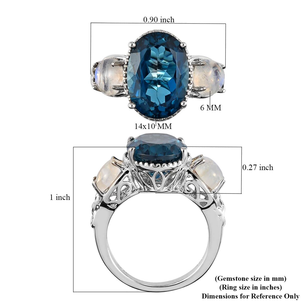 London Blue Topaz and Kuisa Rainbow Moonstone Ring in Platinum Over Sterling Silver (Size 7.0) 9.40 ctw image number 5