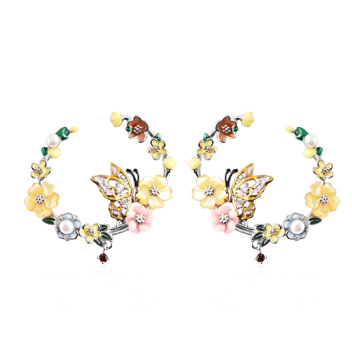Jardin Collection Yellow Mother of Pearl and Multi Gemstone Flower & Butterfly Hoop Earrings in Rhodium Over Sterling Silver 0.25 ctw image number 0
