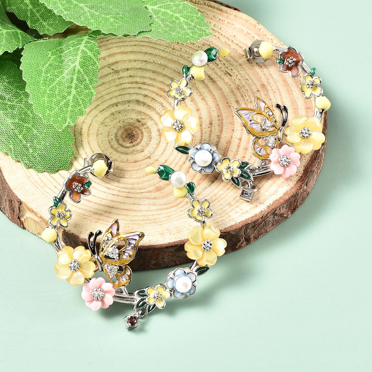 Jardin Collection Yellow Mother of Pearl and Multi Gemstone Flower & Butterfly Hoop Earrings in Rhodium Over Sterling Silver 0.25 ctw