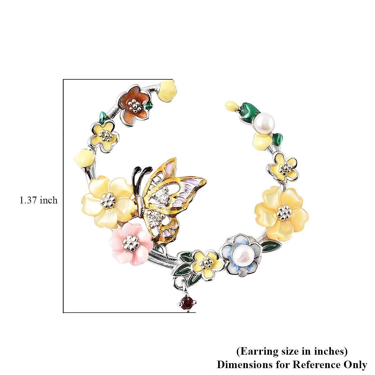 Jardin Collection Yellow Mother of Pearl and Multi Gemstone Flower & Butterfly Hoop Earrings in Rhodium Over Sterling Silver 0.25 ctw