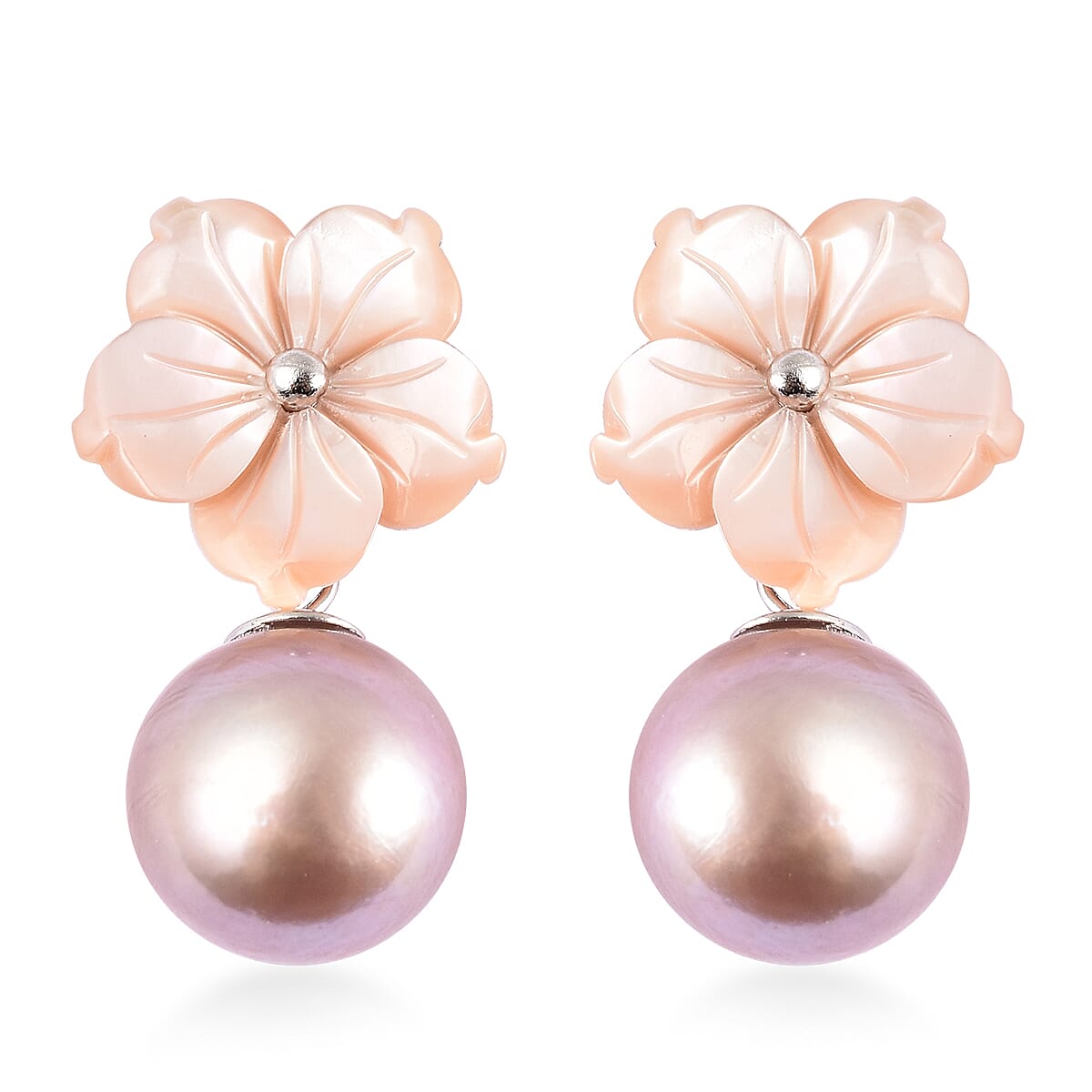 JARDIN COLLECTION Mother Of Pearl Carved and Purple Edison Pearl Flower Earrings in Rhodium Over Sterling Silver