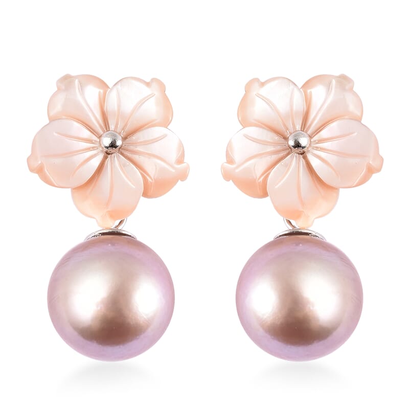 JARDIN COLLECTION Mother Of Pearl Carved and Purple Edison Pearl Flower Earrings in Rhodium Over Sterling Silver