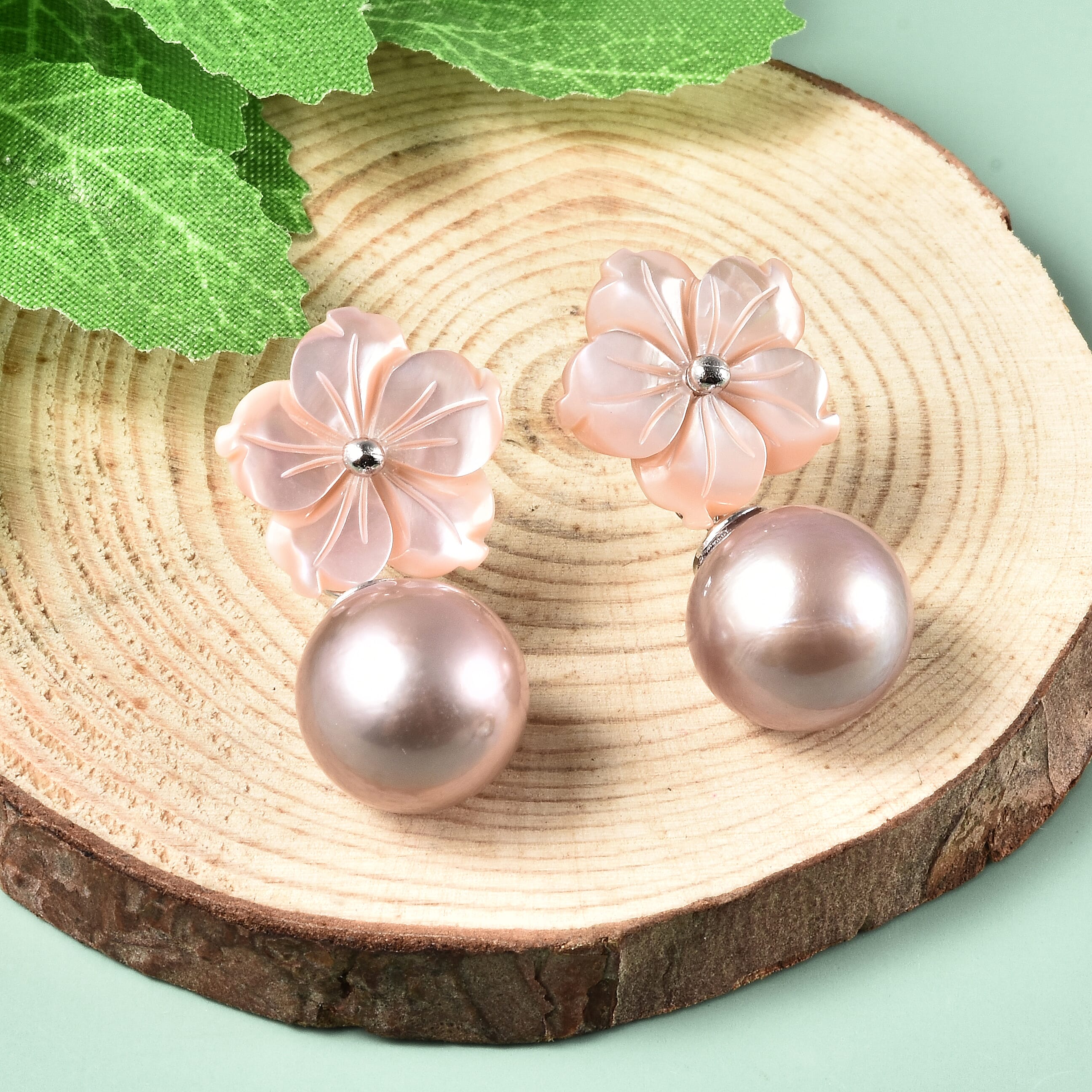 JARDIN COLLECTION Mother Of Pearl Carved and Purple Edison Pearl Flower Earrings in Rhodium Over Sterling Silver